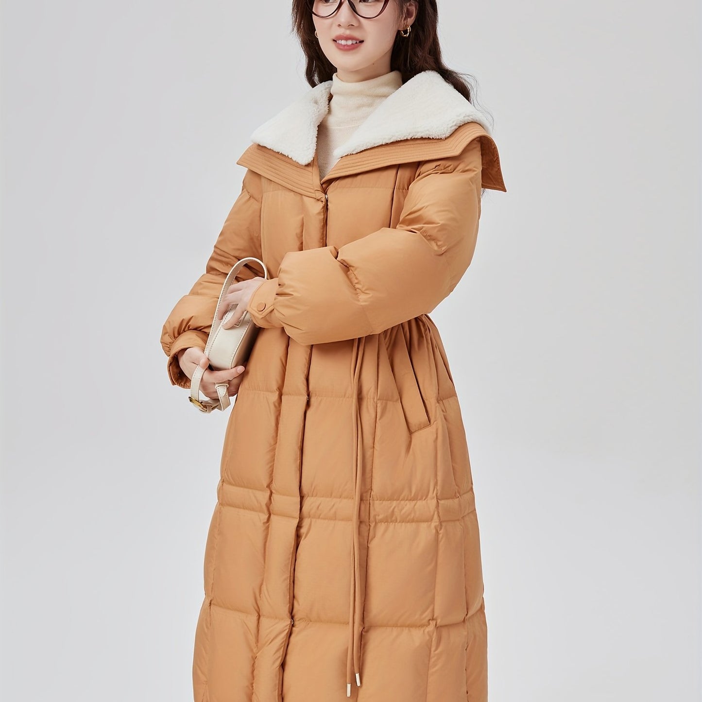 Solid Mid Length Down Coat, Elegant Waterfall Collar Long Sleeve Warm Outerwear, Women's Clothing