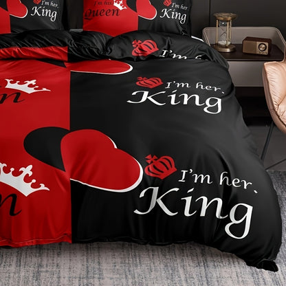 3pcs Duvet Cover Set (1*Duvet Cover + 2*Pillowcase, Without Core), Fashion Queen And King Crown Print Bedding Set, Soft Comfortable And Breathable Duvet Cover, For Bedroom, Guest Room