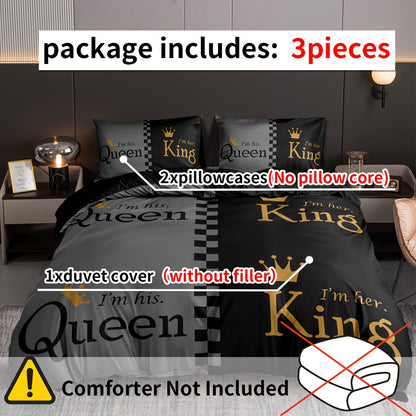 3pcs Duvet Cover Set (1*Duvet Cover + 2*Pillowcase, Without Core), Fashion Queen And King Crown Print Bedding Set, Soft Comfortable And Breathable Duvet Cover, For Bedroom, Guest Room