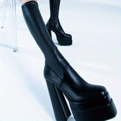 Women's Platform Knee High Boots, Solid Color Block Heel Square Toe Side Zipper Boots, Fashion Black Faux   Stylish Boots