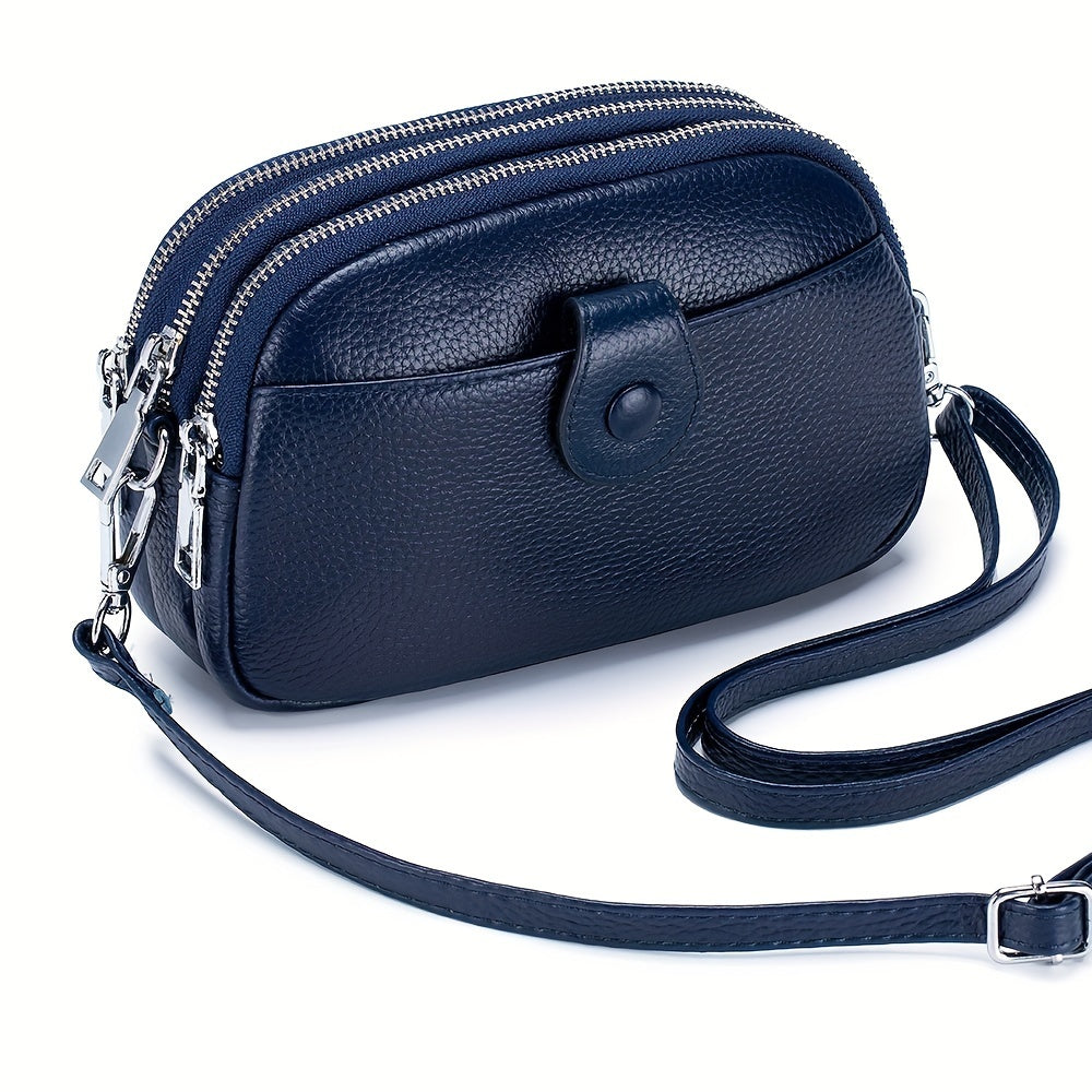 Small Genuine Leather Crossbody Bag for Women - Triple Top Zipper, Adjustable Strap, Polyester Lining, Solid Color, Edge Painted, Stylish and Practical Accessory