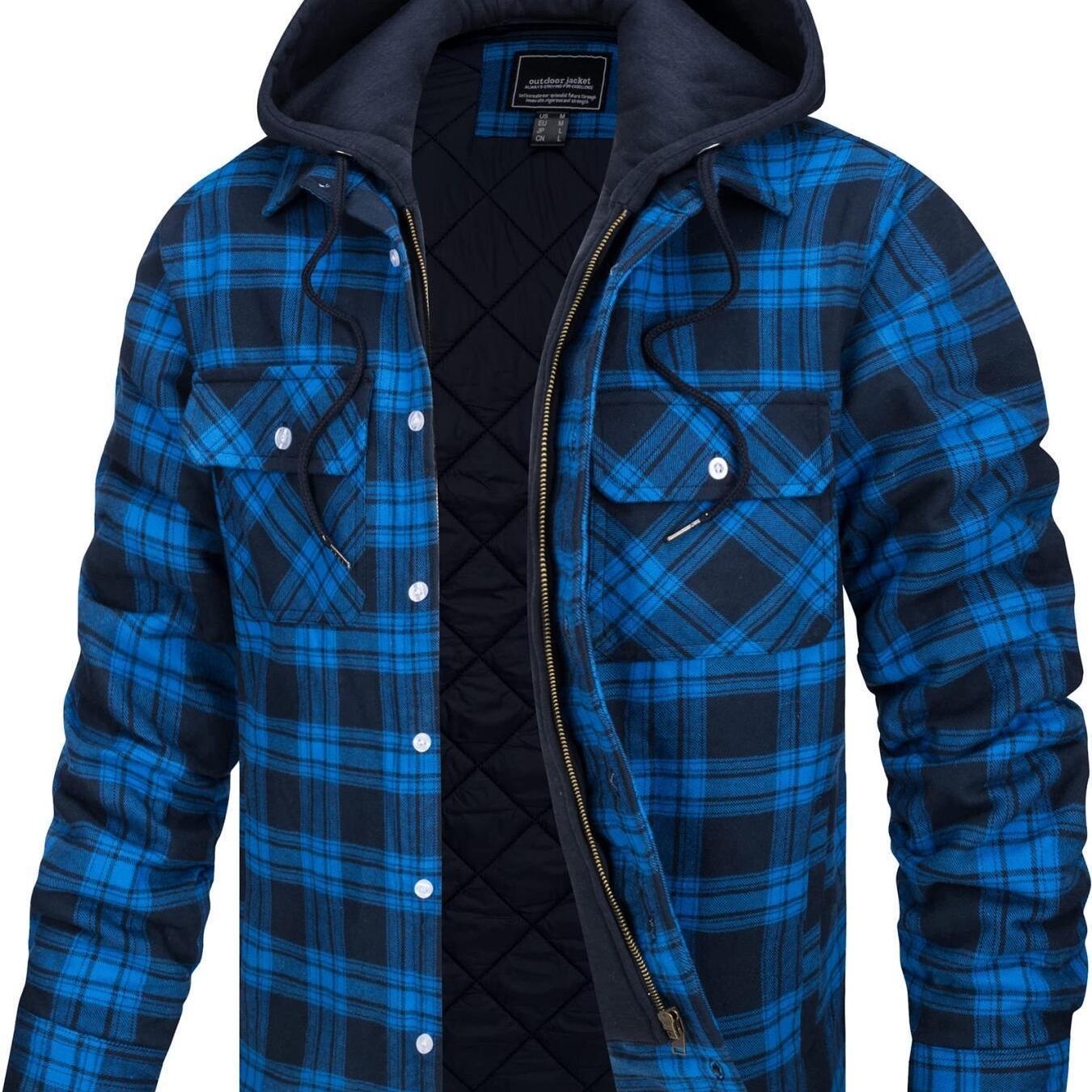 Wohthops Men's Plaid Cotton Hooded Jacket Full Zip Warm Lined Casual Coat with Button Pockets Autumn and Winter Daily Wear Long Sleeve Breathable Windproof Fashionable Jackets for Dating Party Casual Work Camping Fishing Shopping and Other Activities