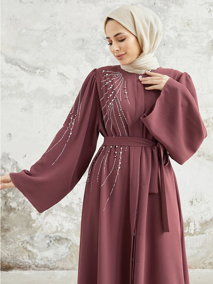 Ramadan Elegant Long Sleeve Geometric Patterned Loose Fit Maxi Dress with Rhinestone Belt - Non-Stretch Polyester Fabric, Flared Sleeves, and Middle East Style - Perfect for Spring, Summer, and Fall Seasons