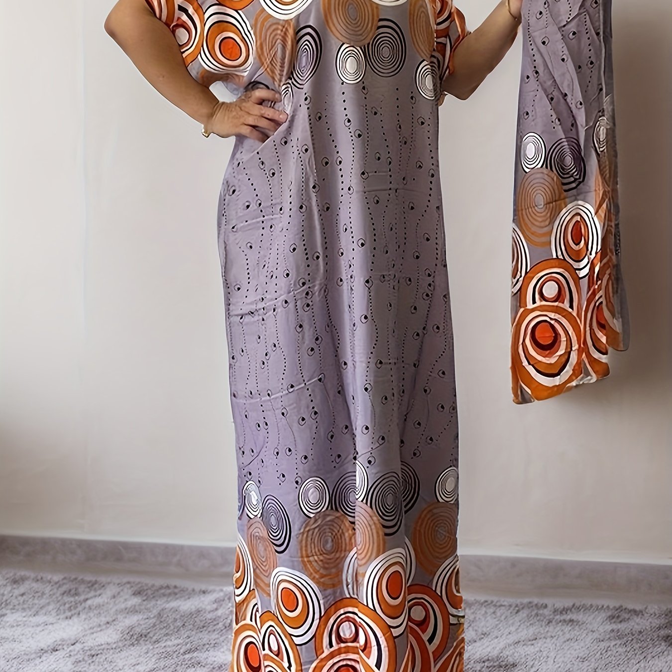 Long Floral Vintage Tunic Maxi Dress - Crew Neck, Batwing Sleeve, Machine Washable, Woven Acetate Fabric, All-Season, Elegant Cover-Up for Women - Middle East Inspired, No Elasticity, No Dry Clean