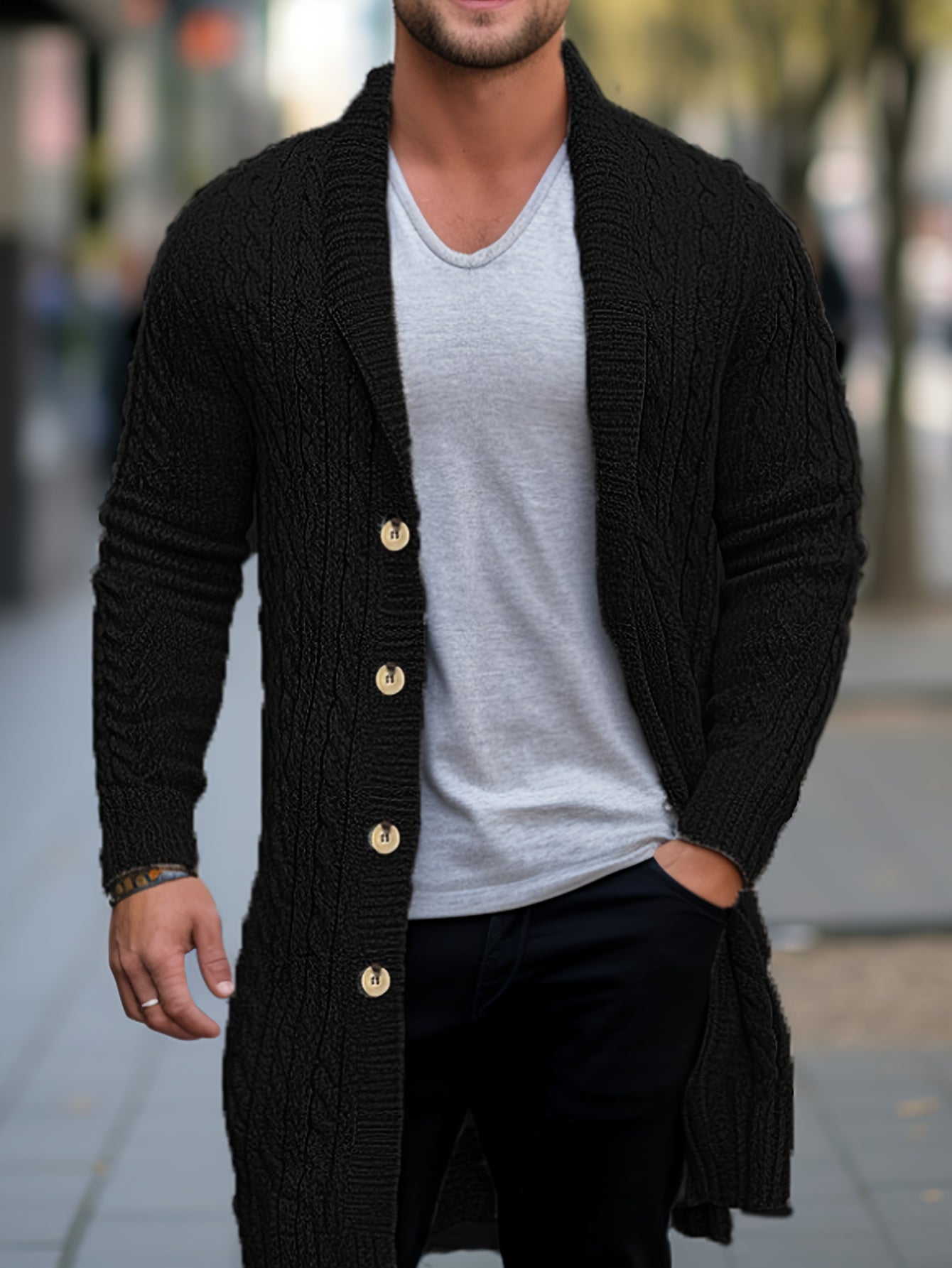 Mens Luxurious Mid-Length Loose Knit Cardigan Sweater - Fashionable Shawl Collar, Long Sleeve, Winter Thick Warm, Button-Front, Soft Brushed Fabric, Cozy Fit - Perfect for Casual Daily Wear, Outdoor Activities, and Gift Giving