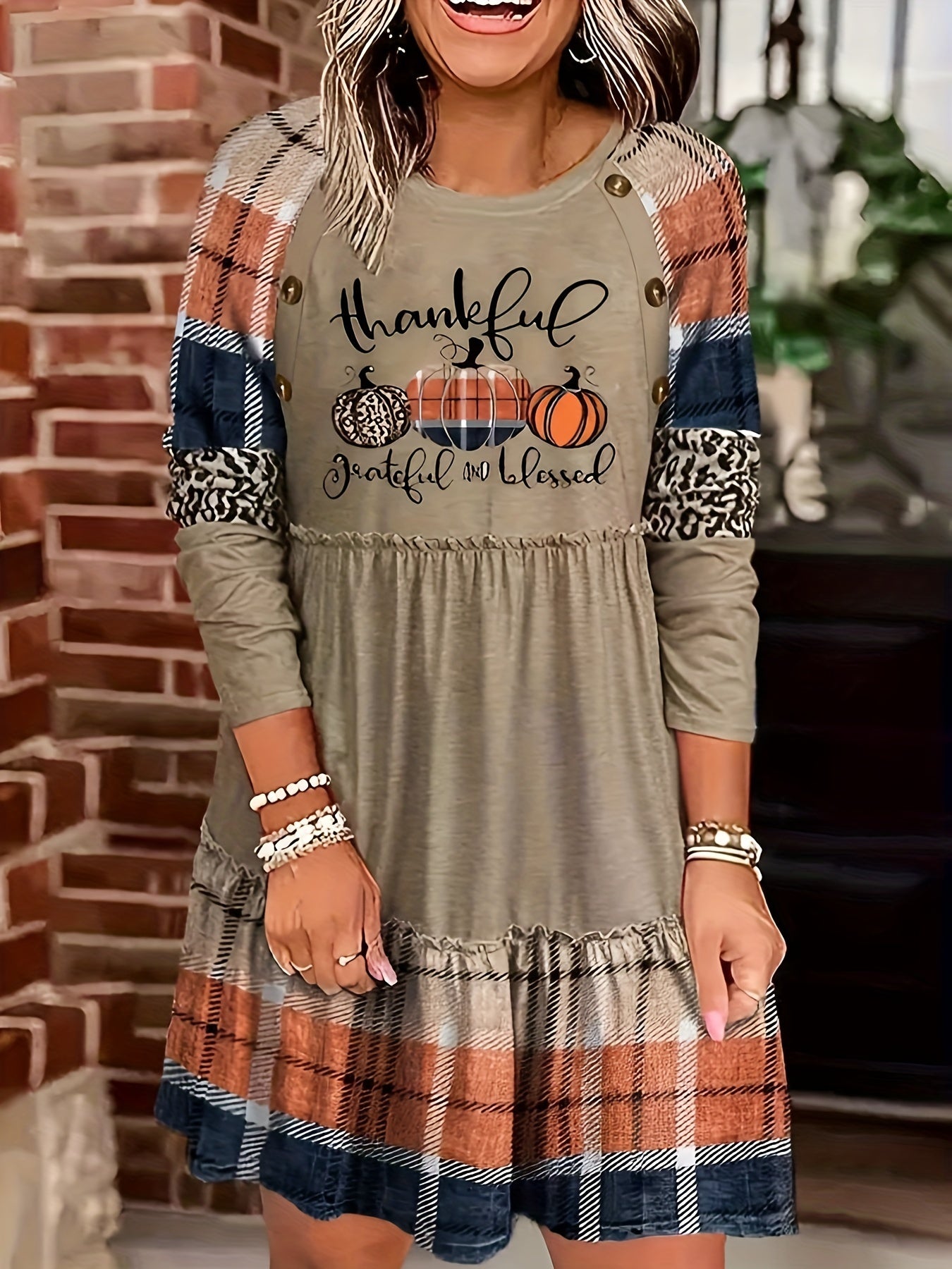 Knee-High Fit and Flare Plaid & Letter Print Dress - Crew Neck, Long Sleeve, Ruffle Hem, Micro Elasticity, Machine Washable - Casual Polyester Dress for Adult Women