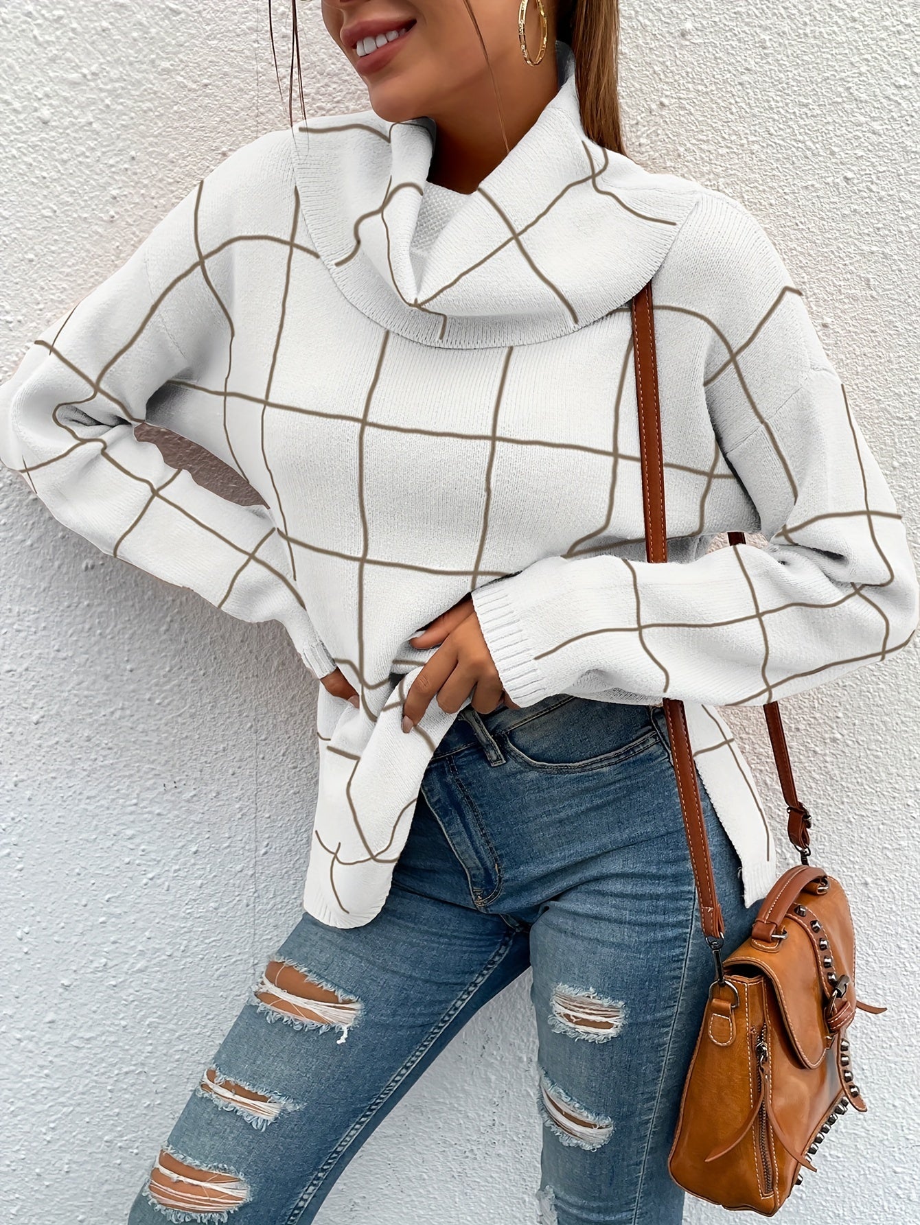 Women's Woolen Shirt - Grid Jacquard, High Pile Collar, Shoulder Long Sleeve, Loose Fit, Comfortable, Fashionable, Generous Half Long Slit, Autumn and Winter Wear