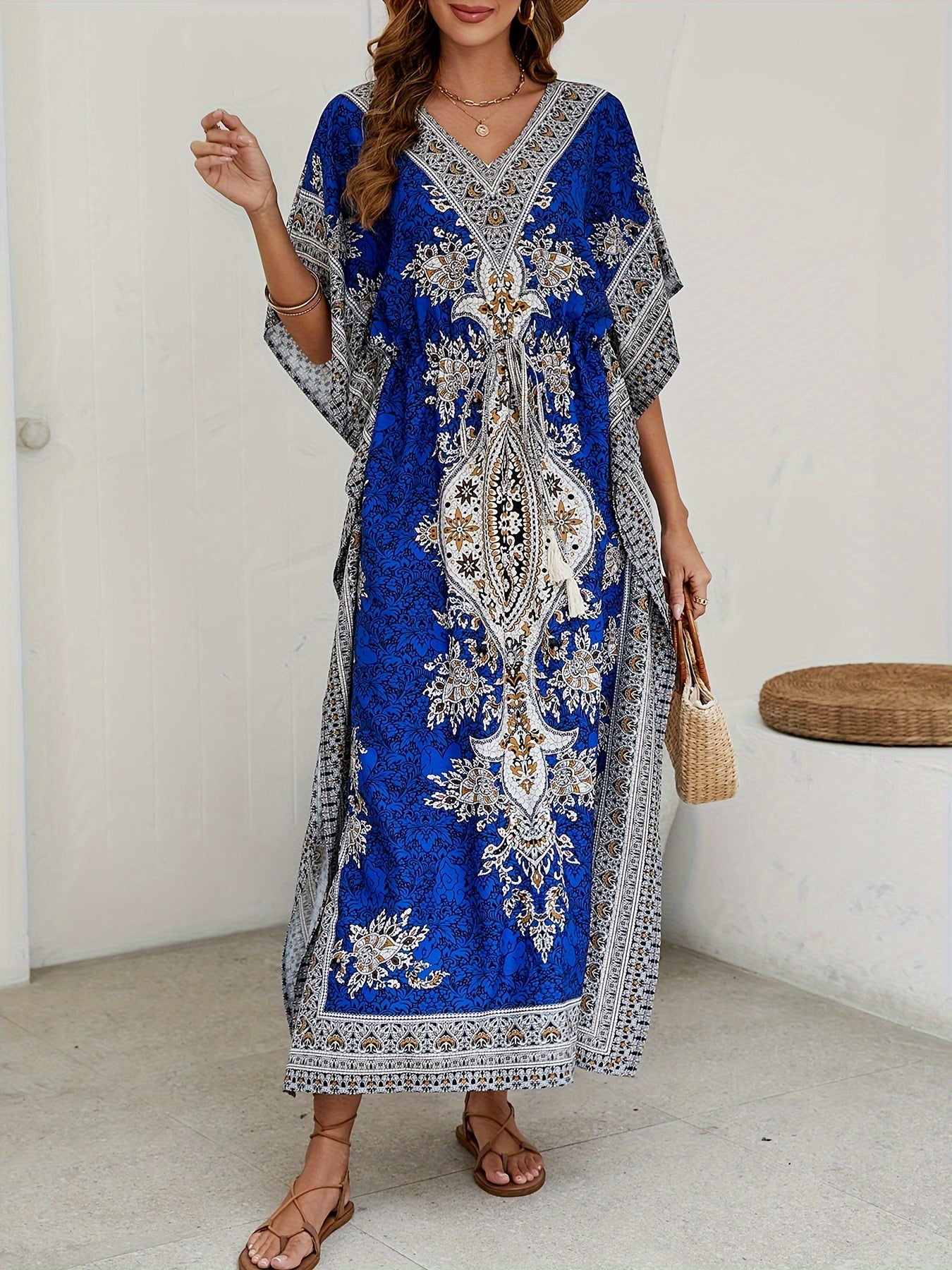 Tribal Chic V-Neck Kaftan Dress with Batwing Sleeves - Machine Washable, Versatile for All Seasons, Drawstring Detail