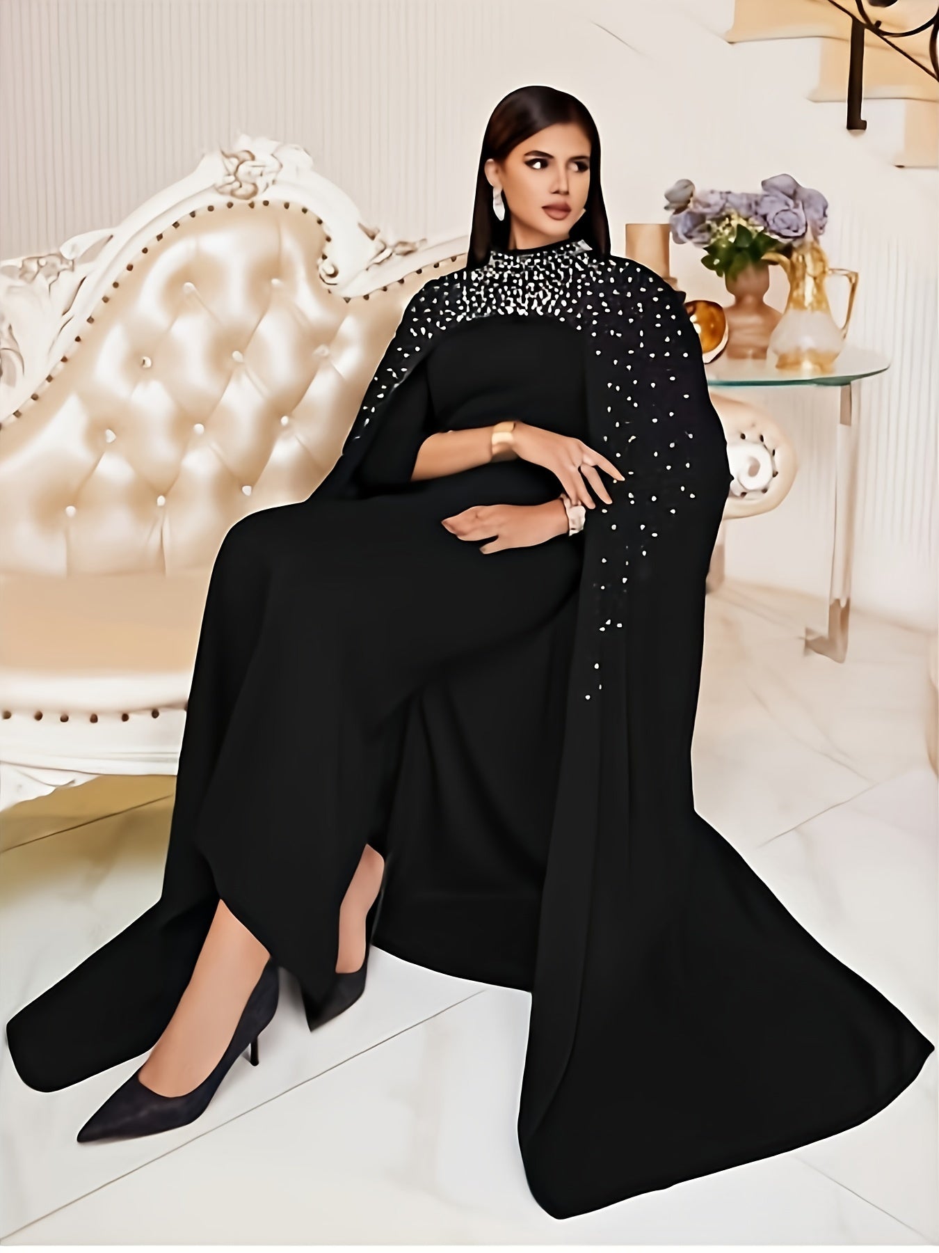 Chic Solid Beaded Womens Clothing Set - Mock Neck Keyhole Maxi Dress with Flowing Cloak - Versatile & Elegant Outfit for Special Occasions