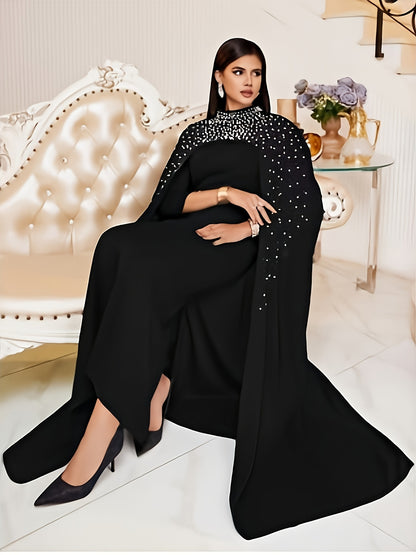 Chic Solid Beaded Womens Clothing Set - Mock Neck Keyhole Maxi Dress with Flowing Cloak - Versatile & Elegant Outfit for Special Occasions