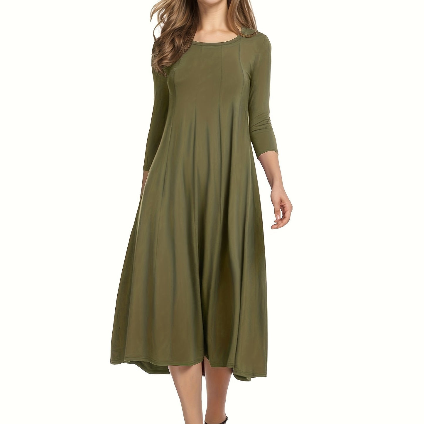 Vibrant Solid Color Crew Neck Midi Dress - Comfortable 3/4 Sleeve Loose Fit, Flattering A-Line Silhouette, Perfect for Spring & Summer, Women's Casual Clothing, Easy to Wear and Move Around