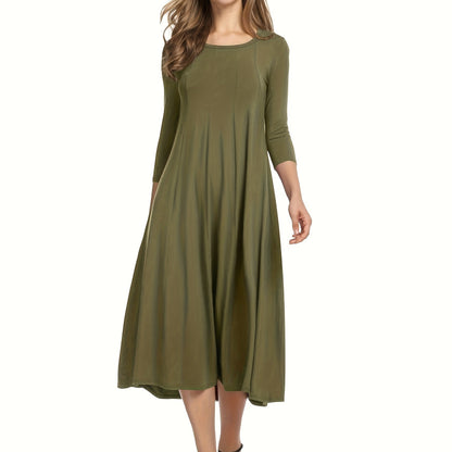 Vibrant Solid Color Crew Neck Midi Dress - Comfortable 3/4 Sleeve Loose Fit, Flattering A-Line Silhouette, Perfect for Spring & Summer, Women's Casual Clothing, Easy to Wear and Move Around