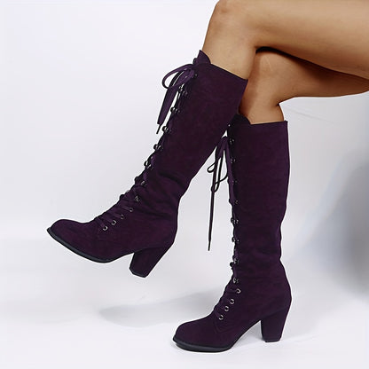 Women's Heeled Knee High Boots, Solid Color Lace Up Chunky Heeled Boots, Versatile Comfy Long Boots