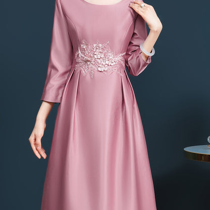 Stunning Pink Embroidered 3/4 Sleeve Mid-Length Dress for Mother of the Bride or Wedding Guest - Slimming, Elegant, and Sophisticated - Perfect for Formal Occasions and Special Events