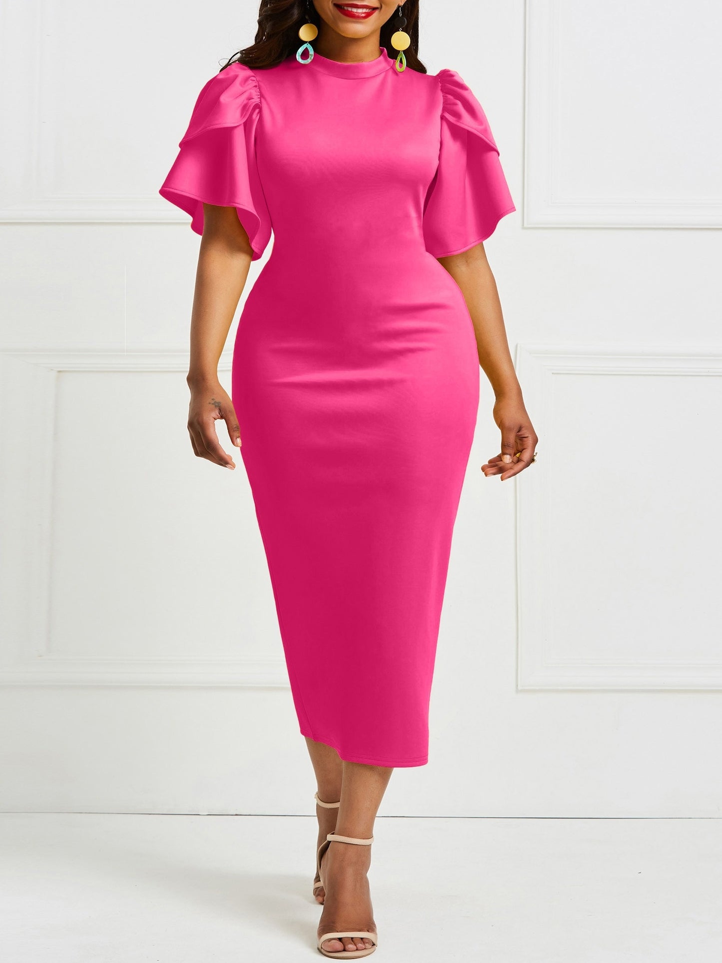 Long Sleeve Ruffle Midi Dress - Elegant Fitted Bodycon Dress for Women, Polyester Knit Fabric, Solid Color, Crew Neck, Short Ruffle Sleeve, No Belt, Perfect for Spring and Summer Elegant Dressing