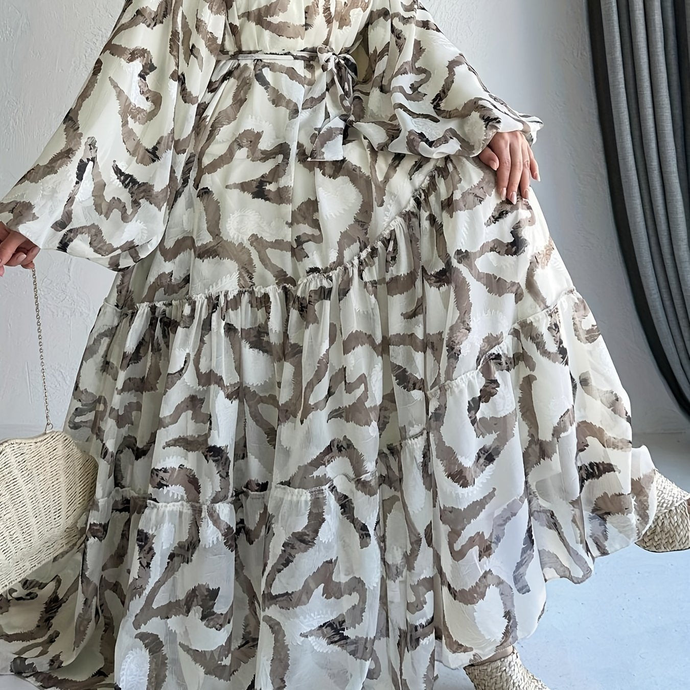 Long Sleeve Maxi Length Crew Neck Abaya Dress - Elegant Ruffle Hem, Micro Elasticity Polyester Fabric, Color Block Random Printing, Belted, Middle East Style, Woven - All Seasons, Not Sheer, Womens Clothing