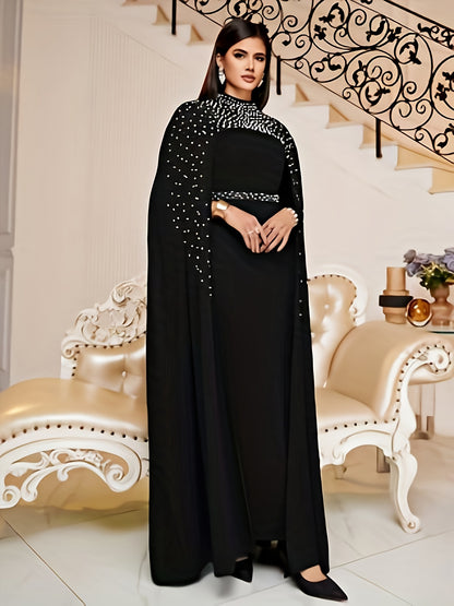 Chic Solid Beaded Womens Clothing Set - Mock Neck Keyhole Maxi Dress with Flowing Cloak - Versatile & Elegant Outfit for Special Occasions