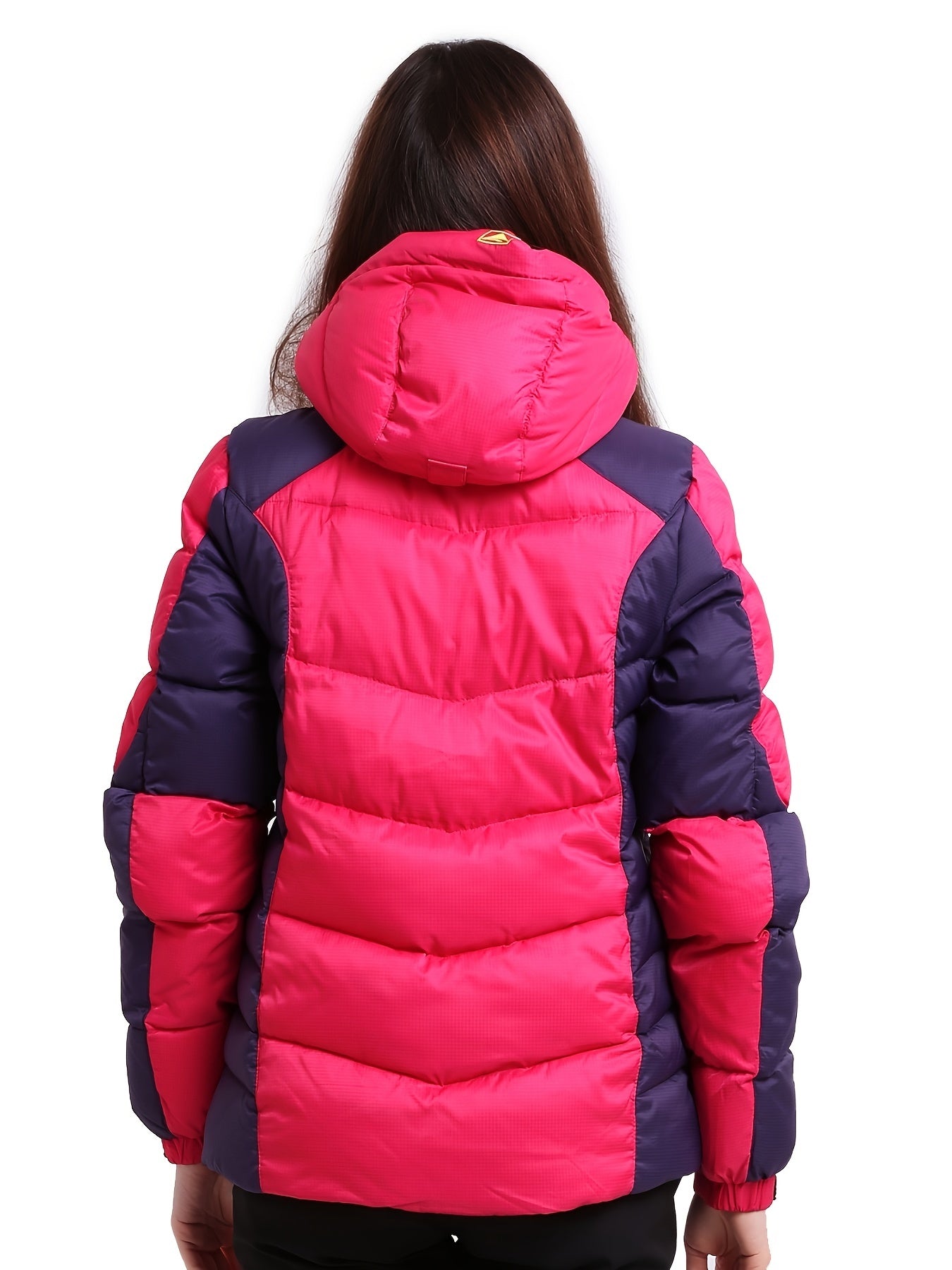 Women's Color Block Winter Thermal Down Jacket, Windproof & Waterproof Liner Comfortable Hooded Jacket