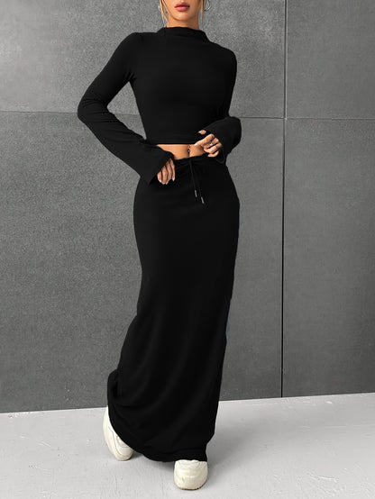 Women's Chic Two-Piece Ensemble - Crop Long Sleeve Mock Neck Top with Drawstring Maxi Skirt - Versatile Solid Color Slim Outfit for Various Occasions