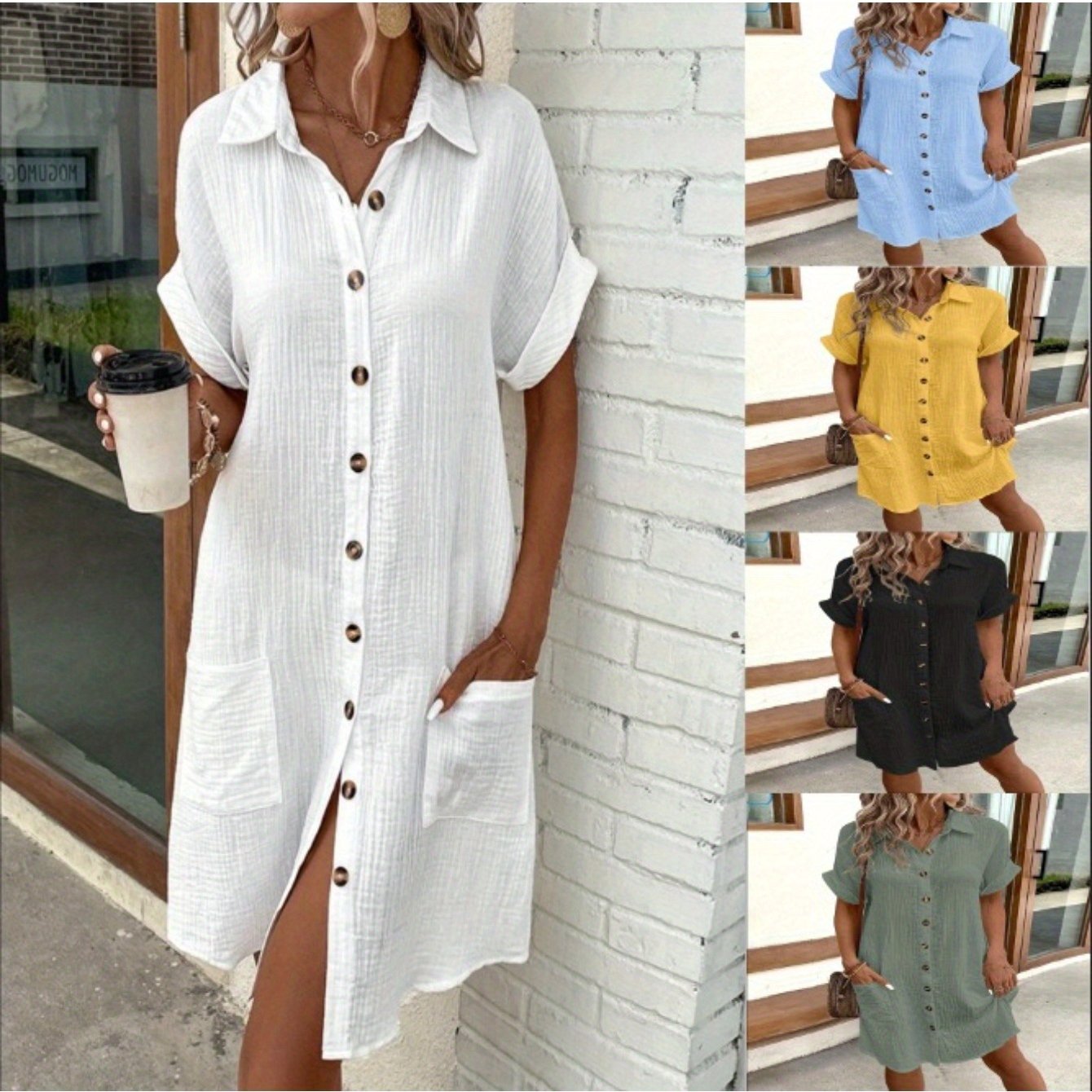 Medium Long Loose Fit Solid Color Short Sleeve Single Breasted Casual Dress for Women - Perfect for Summer - New Arrival