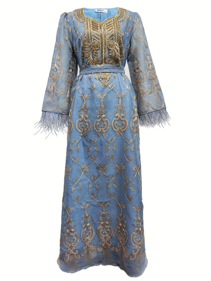 Floral Embroidered V-neck Long Sleeve Abayas Dress, Elegant Maxi Length Dress, Women's Clothing