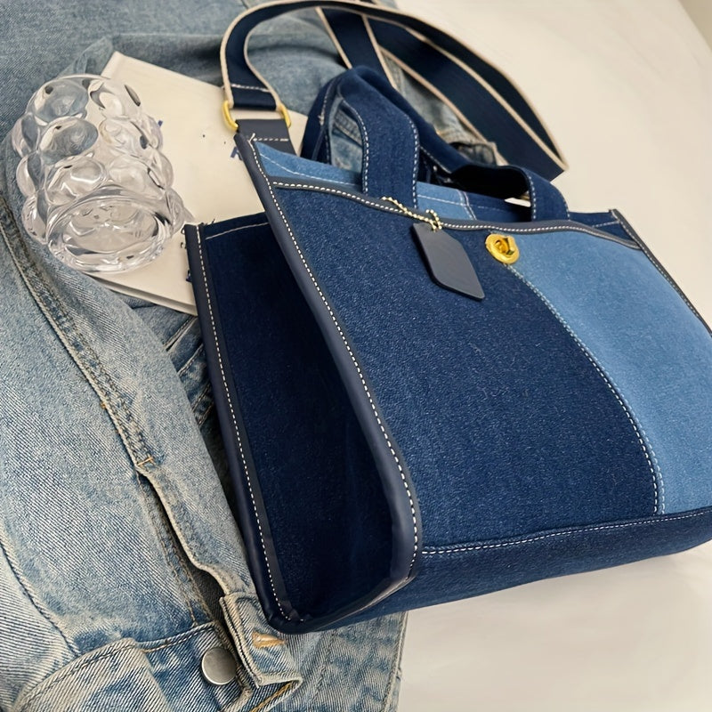 Classic Denim Patchwork Women's Handbag, Casual Style, Single Shoulder & Crossbody Tote Bag With Top Handle, Spacious Interior, Fashion Accessory