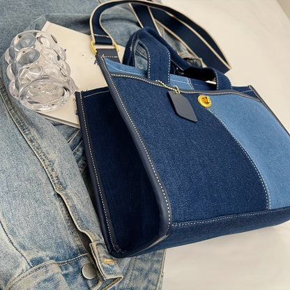 Classic Denim Patchwork Women's Handbag, Casual Style, Single Shoulder & Crossbody Tote Bag With Top Handle, Spacious Interior, Fashion Accessory