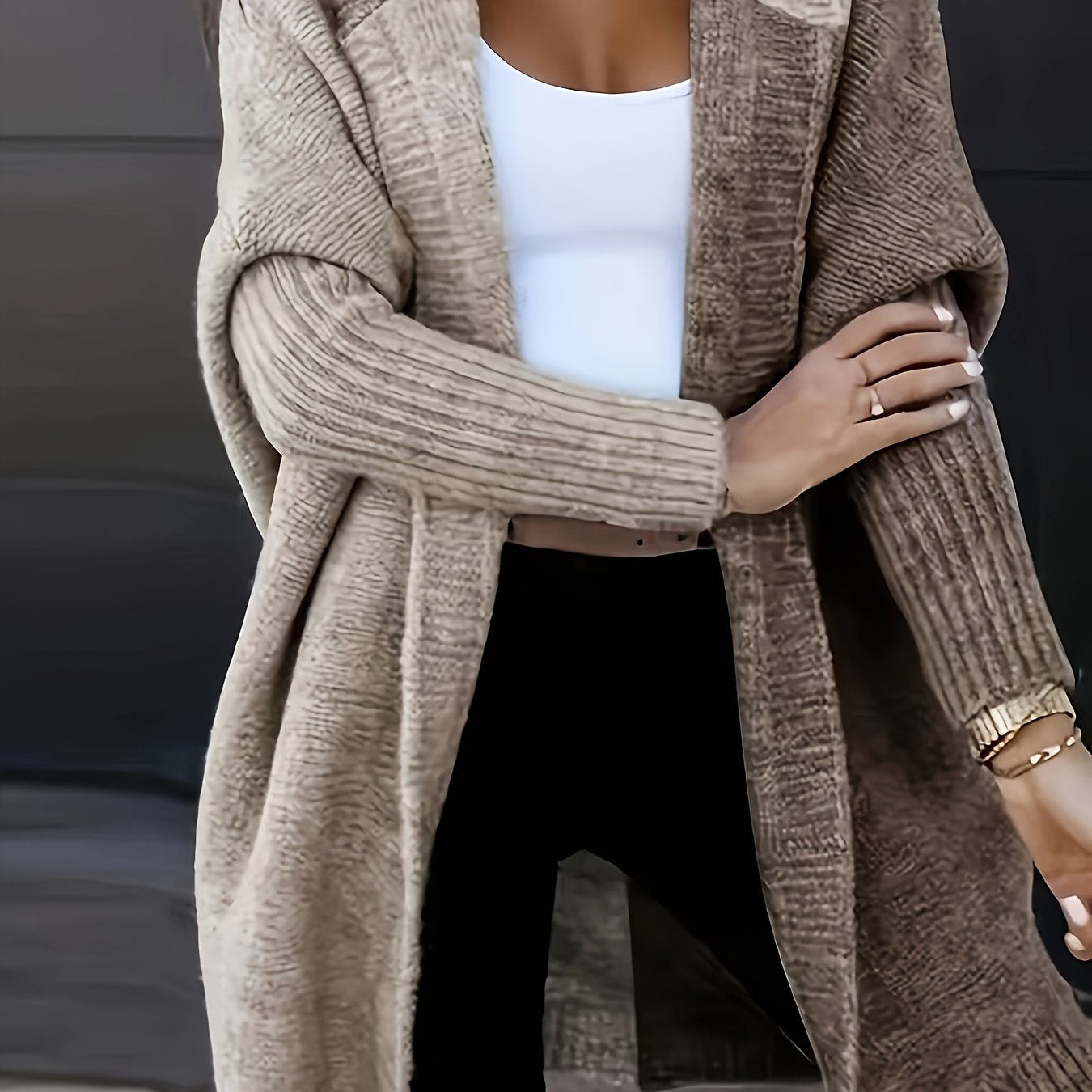 Plus Size Color Block Hooded Knitted Cardigan, Casual Long Sleeve Open Front Cardigan, Women's Plus Size Clothing