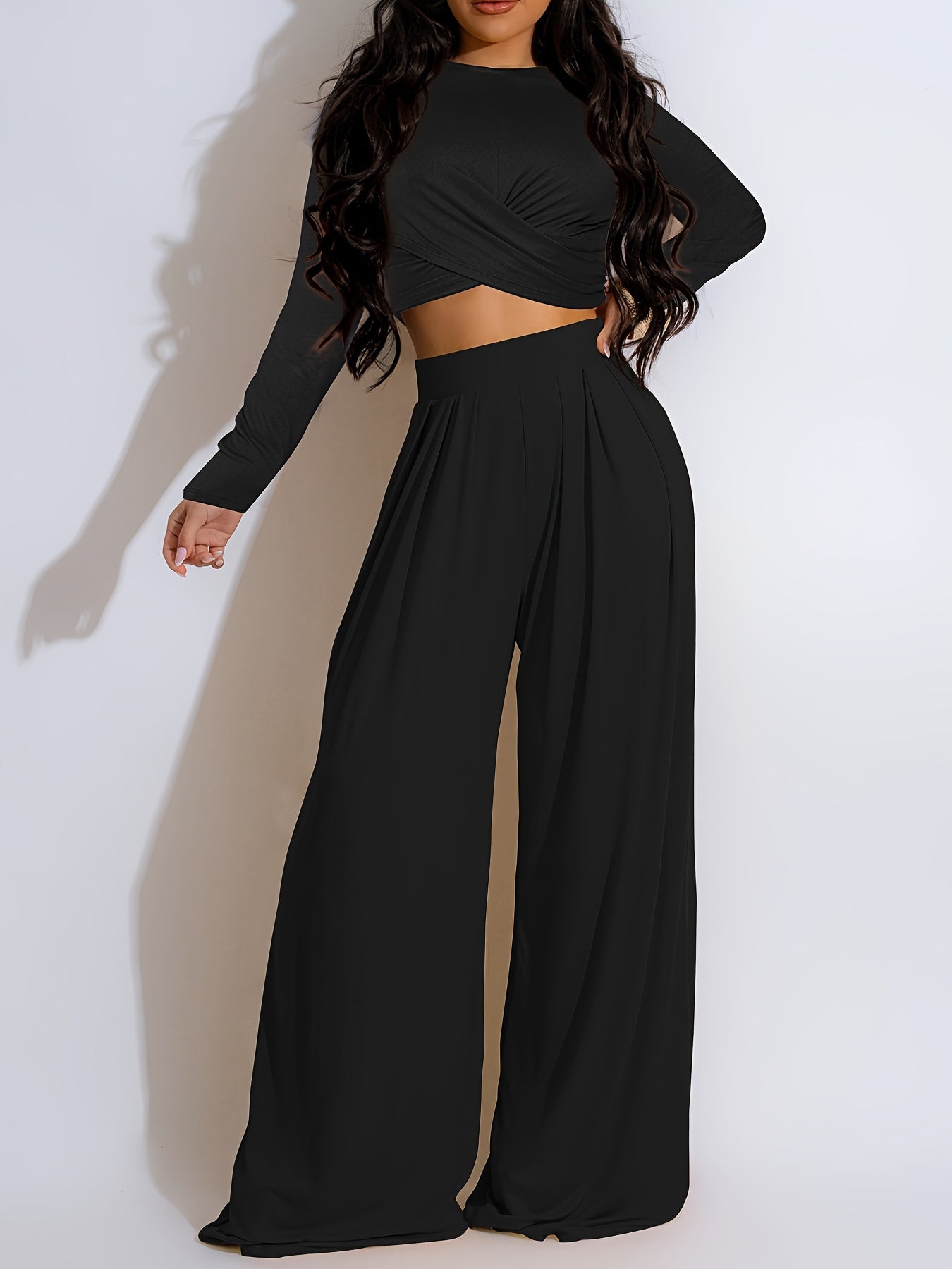 Chic Solid Twist Front Crop Top & Wide Leg Pants Set - Effortlessly Stylish Two-piece Outfit for Women - Casual Everyday Wear