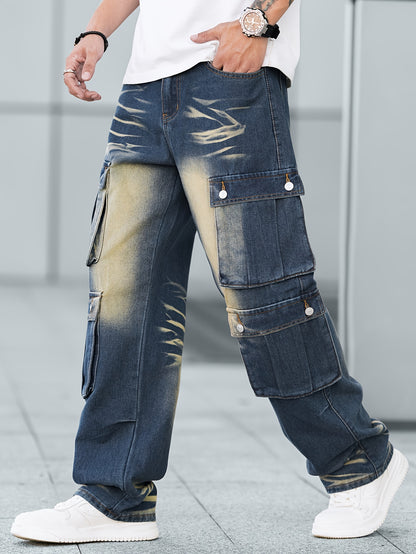 Stylish Loose Fit Wide Leg Jeans - Men's Comfy Denim Cargo Pants with Multiple Pockets for Street Style Fashion - Comfortable, Relaxed, and Fashionable Pants for Everyday Wear