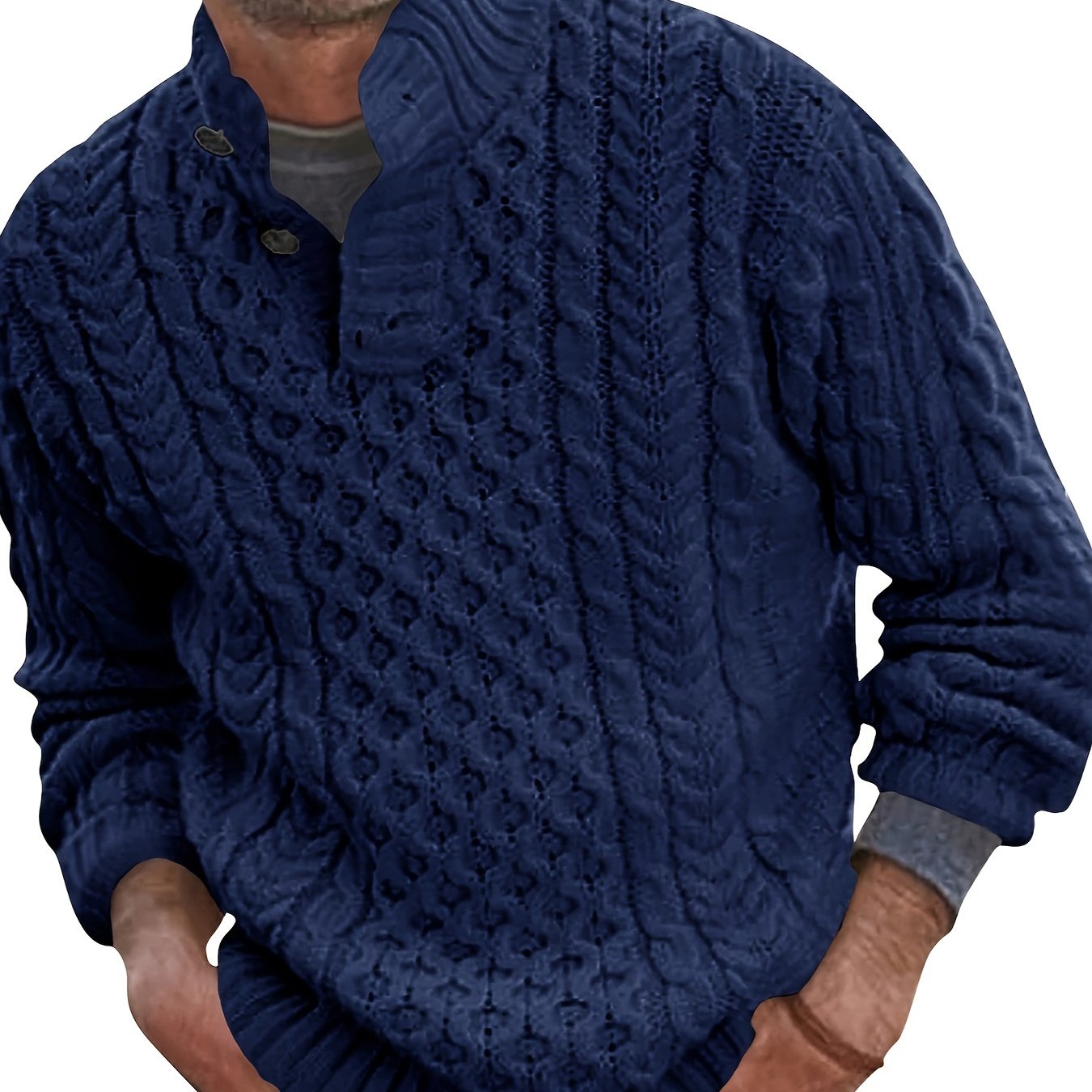 Mens Stand Collar Pullover Sweater Cable Knitted Chunky Winter Fashion Buttons Twisted Thermal Sweaters