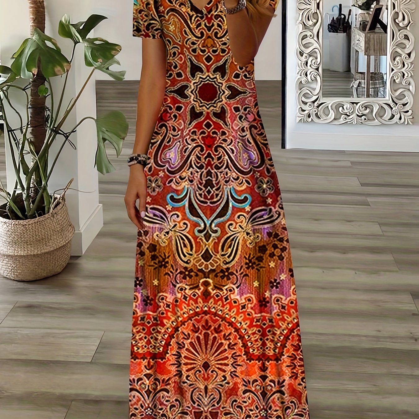 Bohemian V-Neck Maxi Dress - Floral Design - Soft Fabric - Casual & Festive Wear