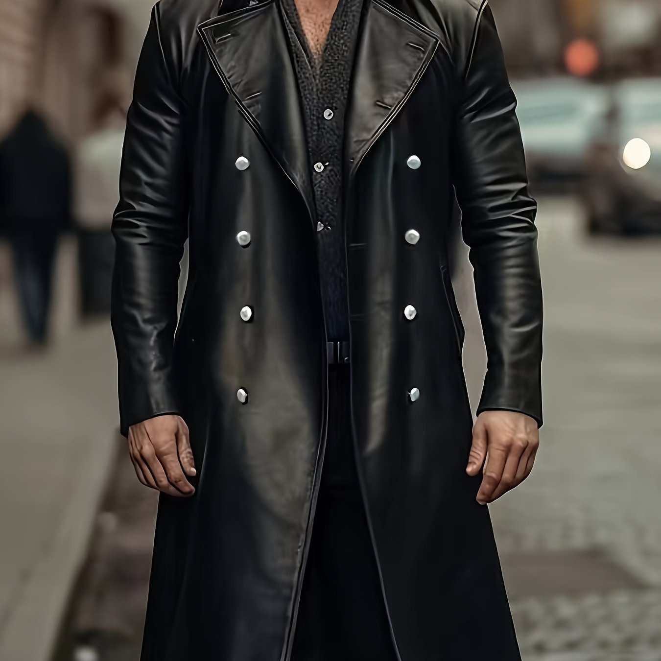 Mens Premium PU Leather Trench Coat - Stylish & Durable, Double Breasted Long Overcoat for Casual Winter Fashion