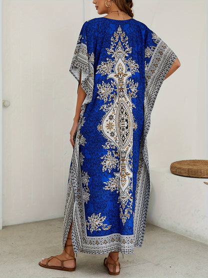 Tribal Chic V-Neck Kaftan Dress with Batwing Sleeves - Machine Washable, Versatile for All Seasons, Drawstring Detail