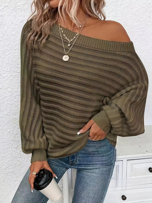 Slant Shoulder Solid Color Sweater, Elegant Lantern Sleeve Loose Knitted Top For Spring & Fall, Women's Clothing