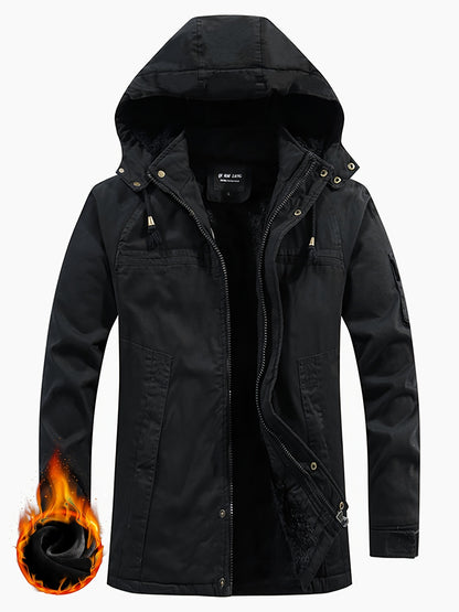 Men's Winter Hooded Jacket With Removable Hood And Fleece Lining - Warm Thickened Outdoor Work Jacket With Pockets