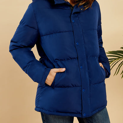 Womens Chic Hooded Button-Front Coat - Solid Color, Long Sleeve Winter Warmth - Durable Outerwear for Casual Style