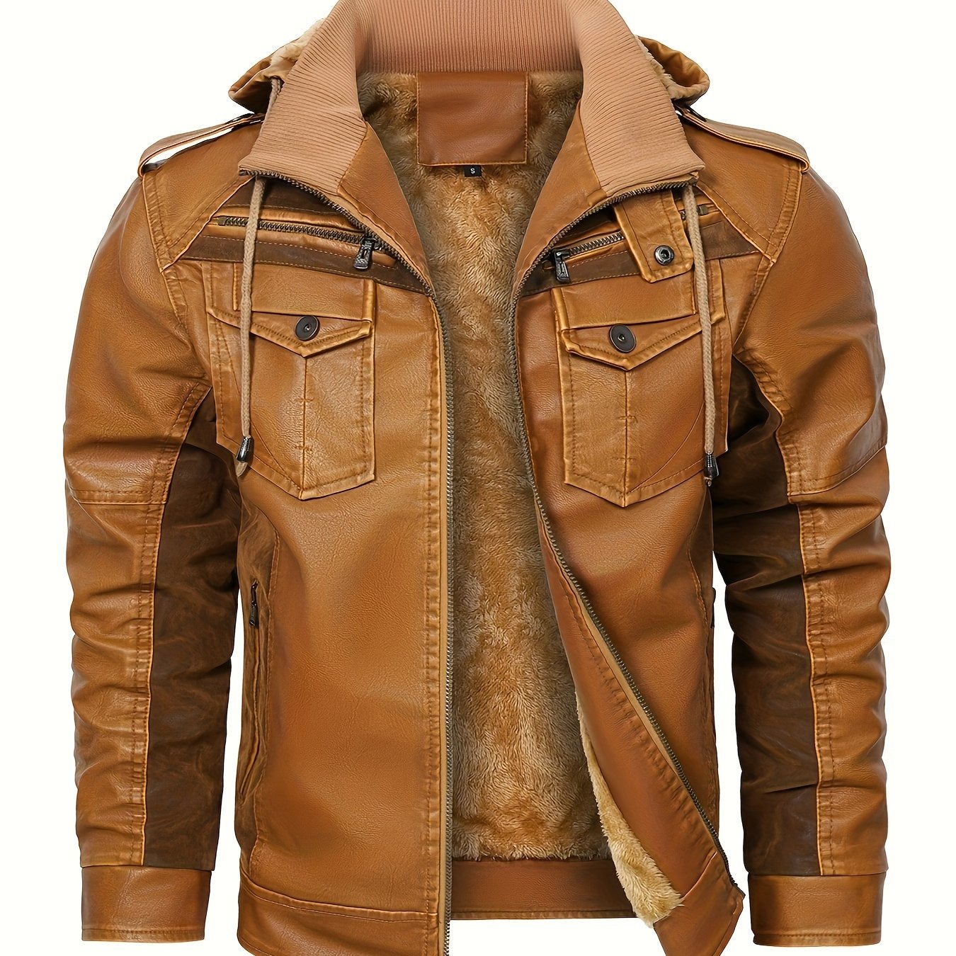 Mens Classic PU Leather Jacket with Fleece Lining - Warm, Water-Resistant, and Stylish for Motorcycle Enthusiasts - Perfect for Fall and Winter Daily Casual Wear