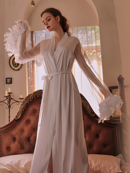 Elegant Solid Stitching Mesh Feather Decor Night Robe, Long Sleeve V Neck Robe With Belt, Women's Sleepwear & Dresses