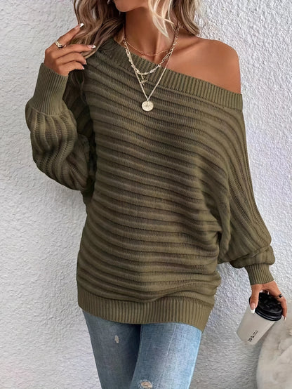 Slant Shoulder Solid Color Sweater, Elegant Lantern Sleeve Loose Knitted Top For Spring & Fall, Women's Clothing