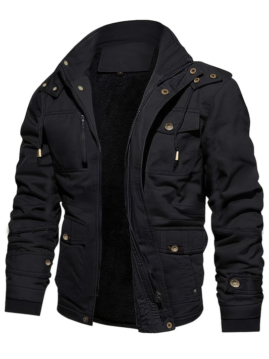 Mens Fashionable Fleece-Lined Cargo Jacket - Stylish & Warm with Multiple Pockets for Fall/Winter Outfits