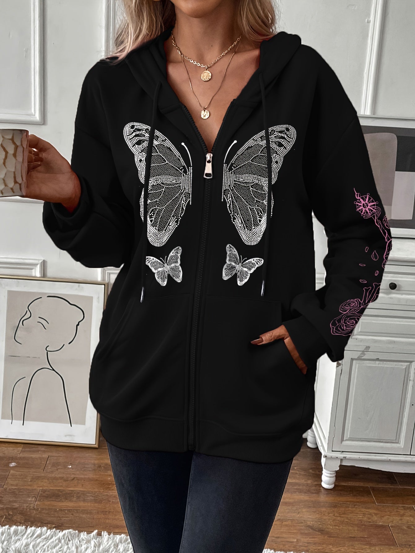 Womens Butterfly Print Zip-up Hoodie Jacket with Drawstring - Stylish Long Sleeve, Slant Pockets for Casual Chic - Adjustable Fit, Perfect for Everyday Wear