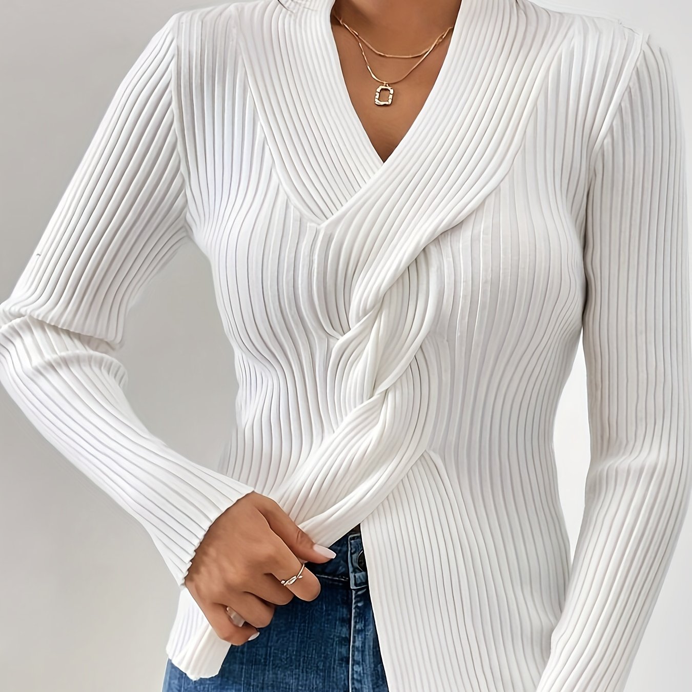 Twist V Neck Ribbed Sweater - Soft, Elegant, Slim Fit, Long Sleeve, Fall and Winter Essential - Women's Clothing for Everyday Wear