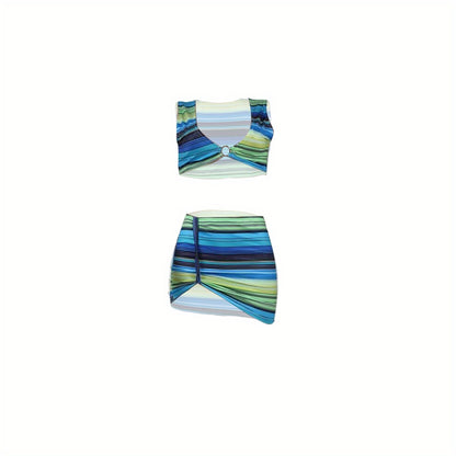 Stripe Seduction: Sleek Spring/Summer Women's Crop Top & Skirt Set with Ring Detail - Stretchy & Easy-Care