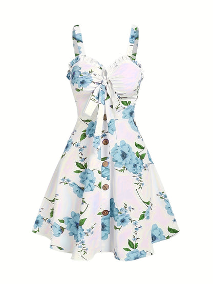 Flirty Floral Ruffle Tank Dress - Chic Button Front, A-Line Ruched Design for Spring & Summer Elegance - Womens Fashion Must-Have