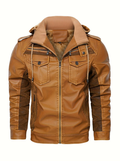 Mens Classic PU Leather Jacket with Fleece Lining - Warm, Water-Resistant, and Stylish for Motorcycle Enthusiasts - Perfect for Fall and Winter Daily Casual Wear