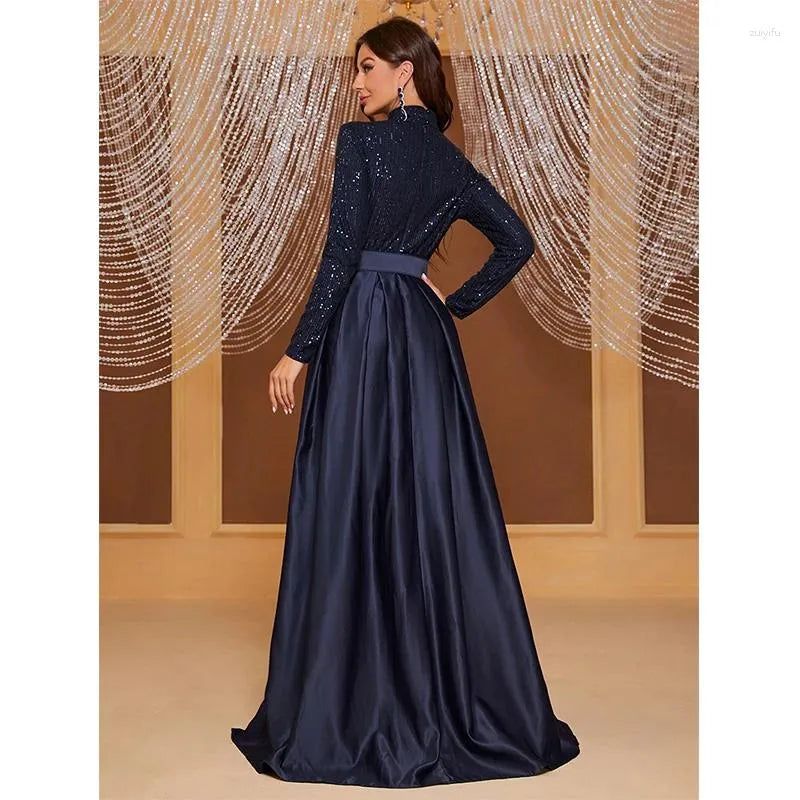 Casual Dresses Spring Autumn Fashion Elegant Women Long Sleeve Blue Sequined Cocktail Formal Occasion Evening Party Maxi Ladies