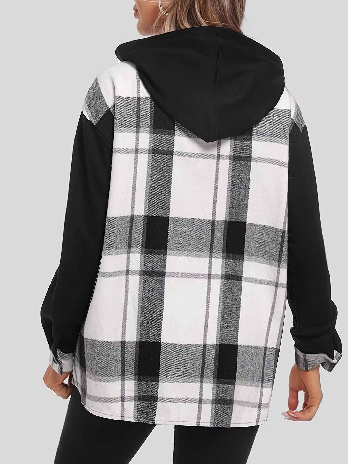 Trendy Plaid Hooded Jacket - Stylish Button Front Design, Long Sleeve Outerwear for Women - Comfortable & Versatile Print Clothing