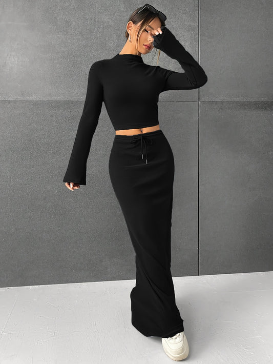 Women's Chic Two-Piece Ensemble - Crop Long Sleeve Mock Neck Top with Drawstring Maxi Skirt - Versatile Solid Color Slim Outfit for Various Occasions