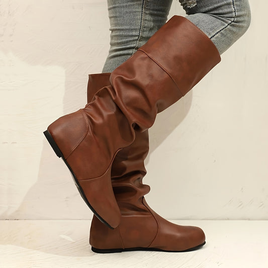 Stylish Western Long Boots for Women - Soft Solid Color Upper, Slip-On Design, Fashionable Cowboy Style, Comfortable Wear, Versatile for Daily Life and Outdoor Activities